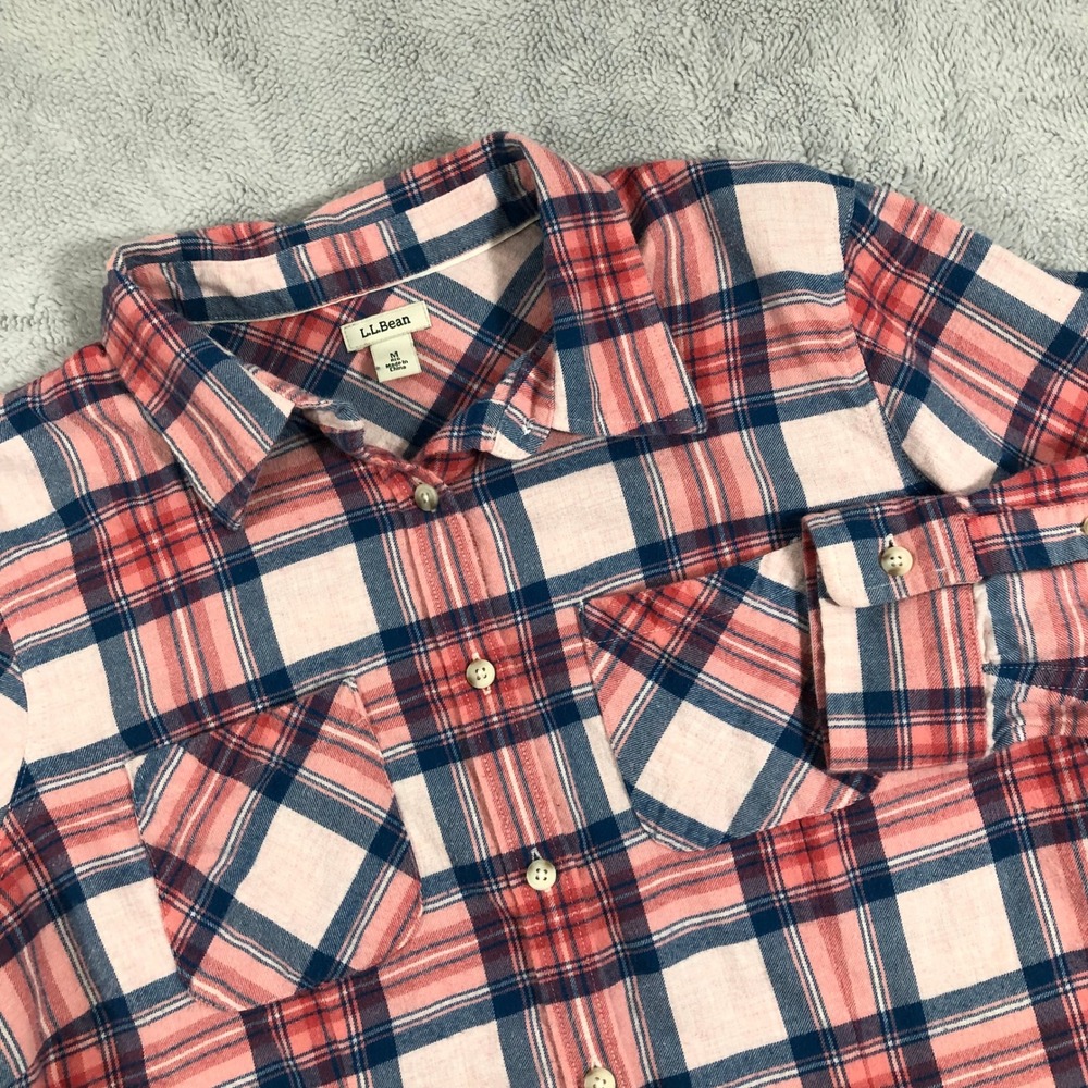 LL Bean Flannel Shirt Women's Medium Pink Blue Plaid Cotton Button Up Cowgirl